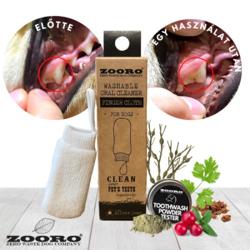 Zooro® - Mosható és ujjra húzható, ezüstionos fogtisztító kutyáknak, ajándék fogmosó porral